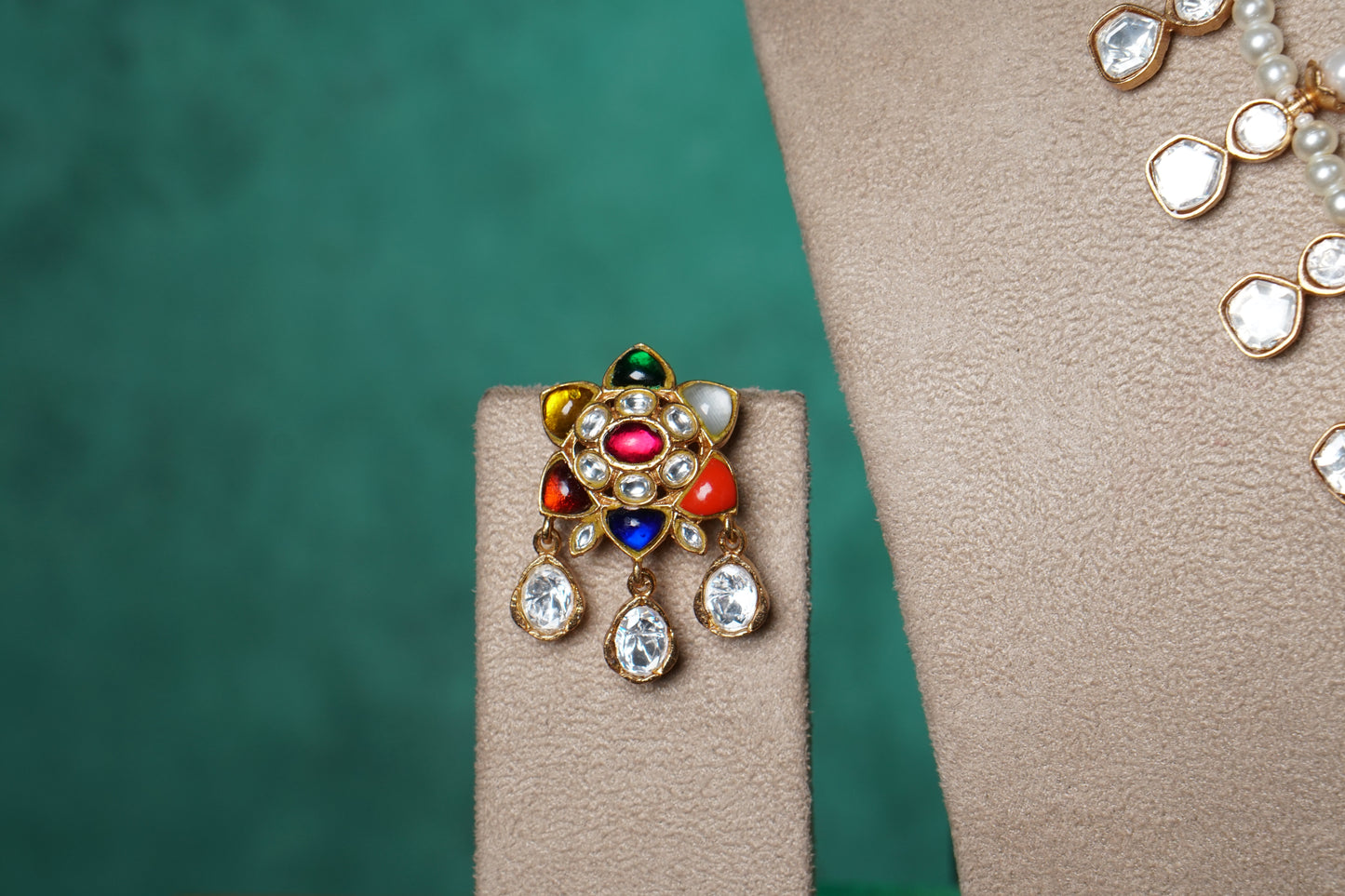 Navratan Stone Polki Necklace Set (4-9518)(NEM)