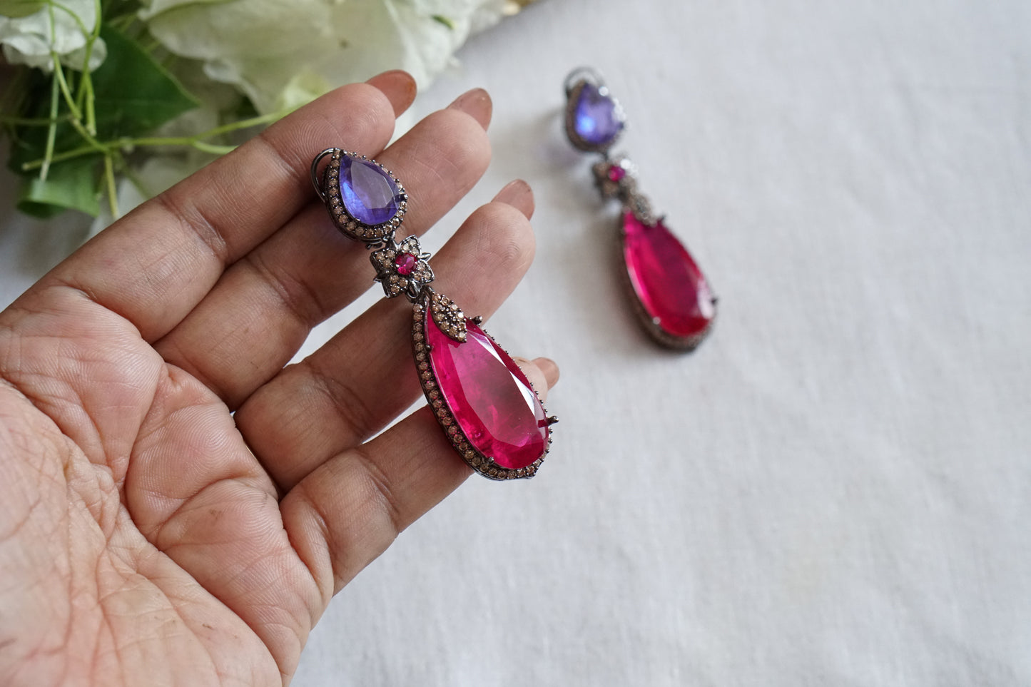 Blue & Pink Stone earrings (1-5491)(B)