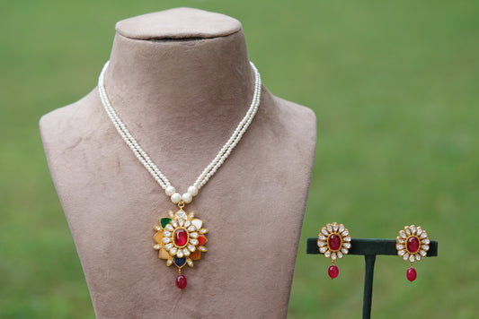 Kundan Navratan pendant necklace set (4-6319)(R)(DISCOUNTED) - JEWELSTYLE