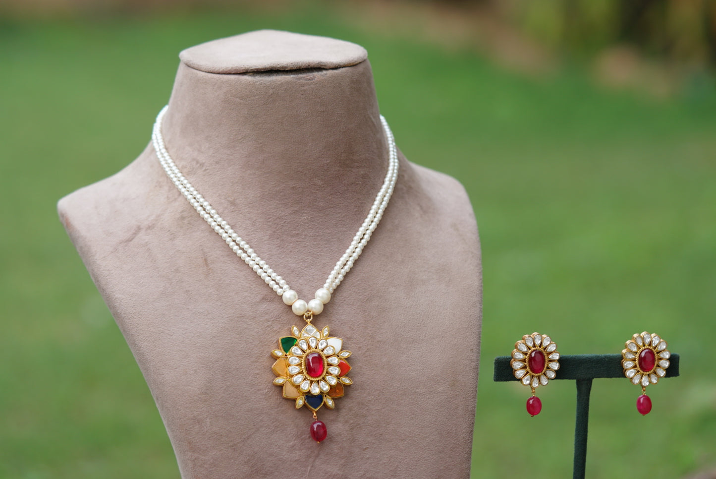 Kundan Navratan pendant necklace set (4-6319)(R)(DISCOUNTED) - JEWELSTYLE