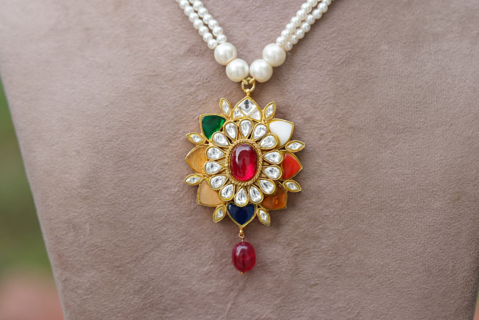 Kundan Navratan pendant necklace set (4-6319)(R)(DISCOUNTED) - JEWELSTYLE