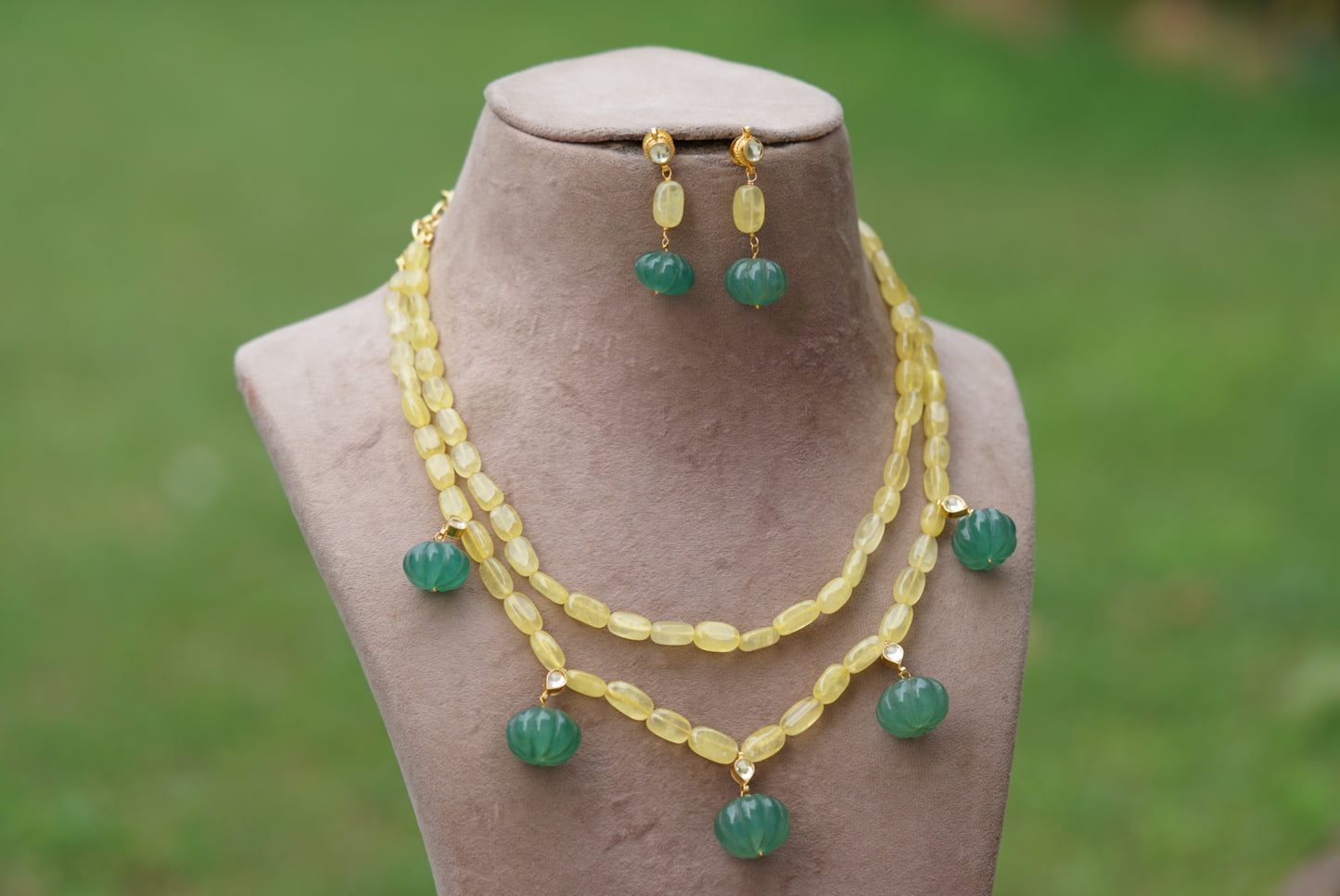 Kundan yellow beads necklace set(4-6324)(N) - JEWELSTYLE