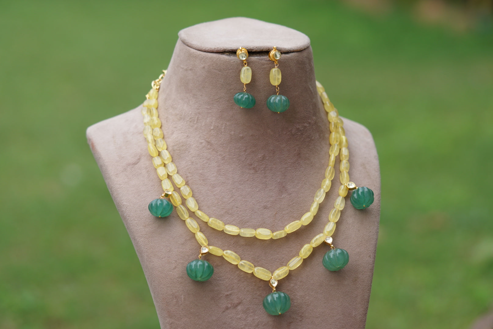 Kundan yellow beads necklace set(4-6324)(N) - JEWELSTYLE