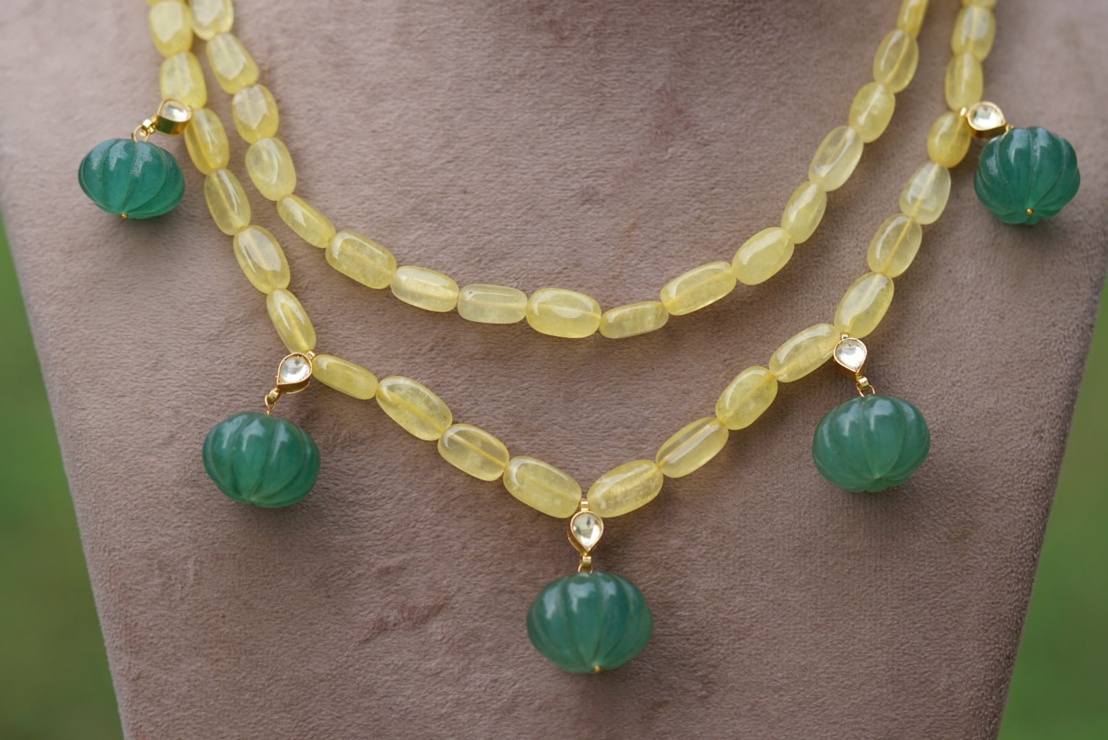 Kundan yellow beads necklace set(4-6324)(N) - JEWELSTYLE