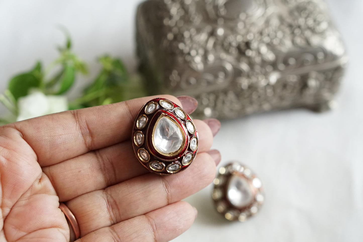 Red Meena Polki Studs (1-5500)(B)