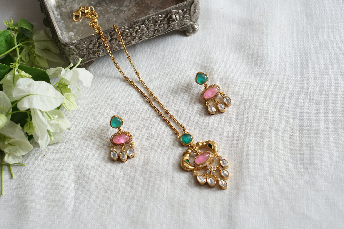 Pink & Green Stone Polki Pendant Set (4-9545)(B)