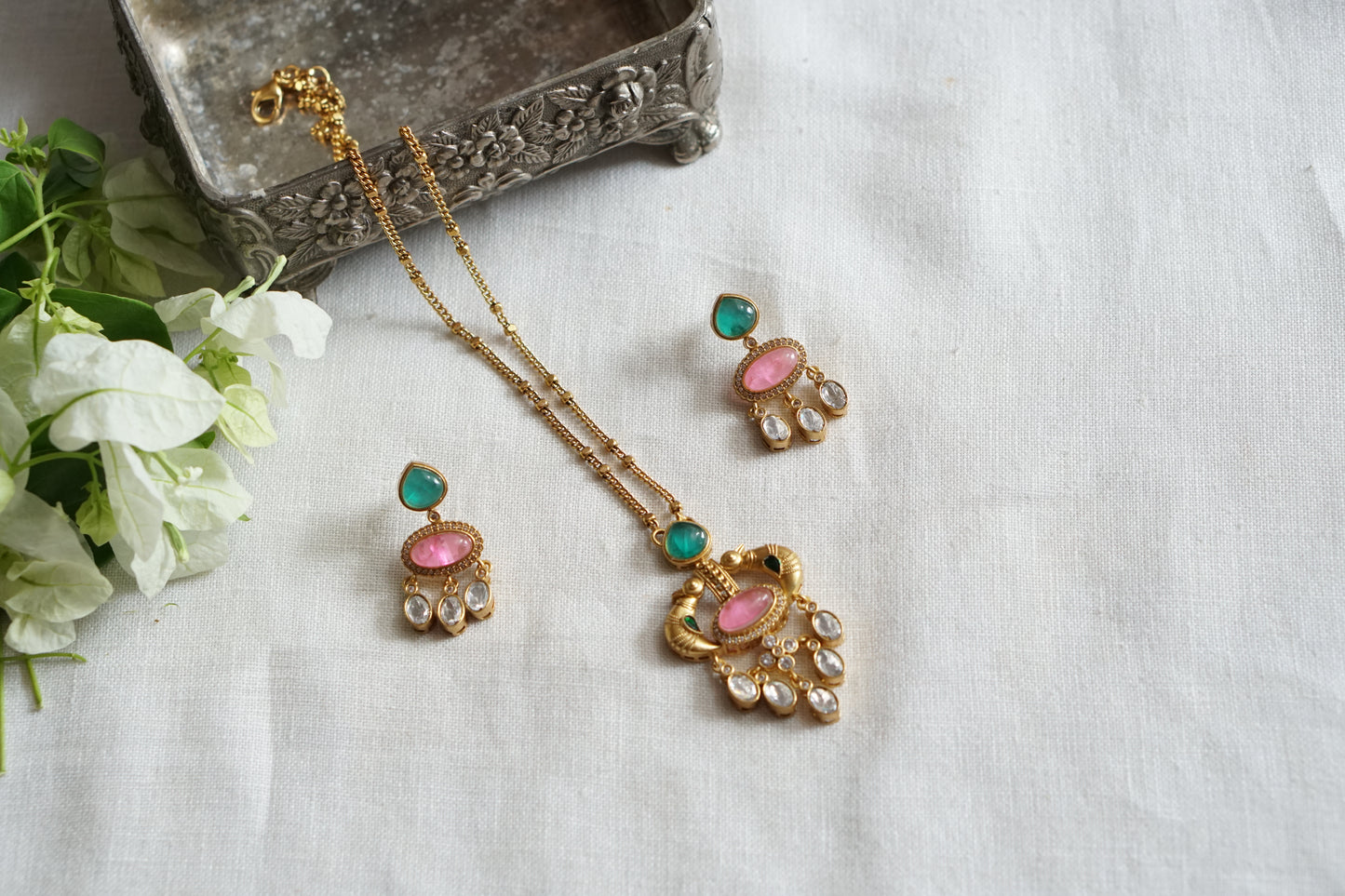 Pink & Green Stone Polki Pendant Set (4-9545)(B)