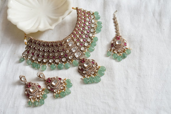 Pink Polki Necklace Set With Maangtika(4-8433)(B)(CLEARANCE SALE PIECE)