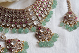 Pink Polki Necklace Set With Maangtika(4-8433)(B)(CLEARANCE SALE PIECE)