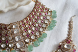 Pink Polki Necklace Set With Maangtika(4-8433)(B)(CLEARANCE SALE PIECE)