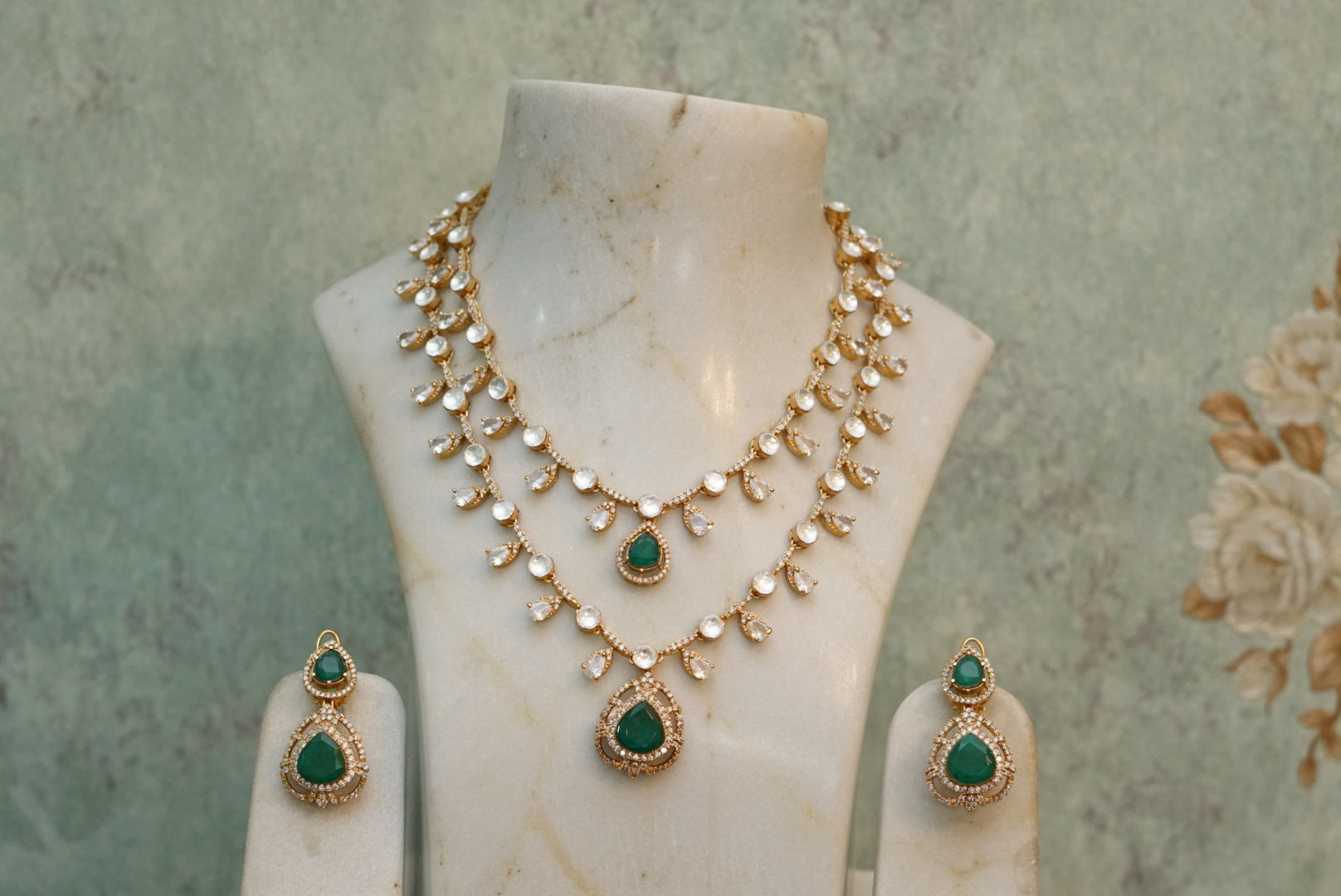 2 line Green Stone Polki Necklace Set (4-7036)(B) - JEWELSTYLE