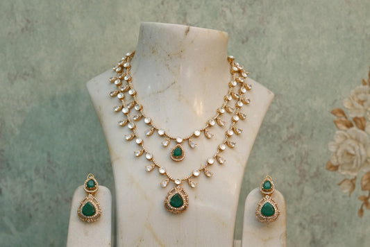 2 line Green Stone Polki Necklace Set (4-7036)(B) - JEWELSTYLE