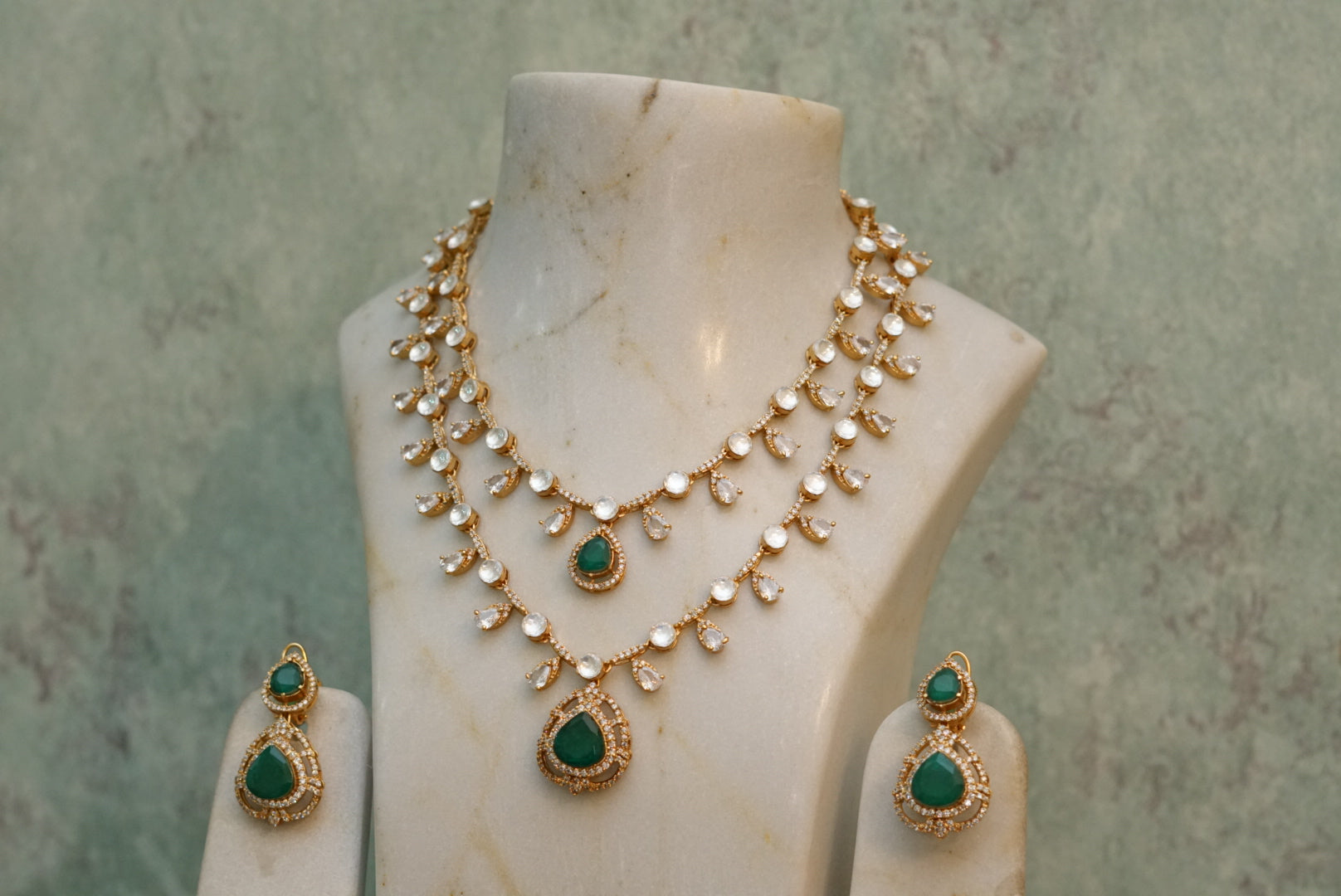 2 line Green Stone Polki Necklace Set (4-7036)(B) - JEWELSTYLE