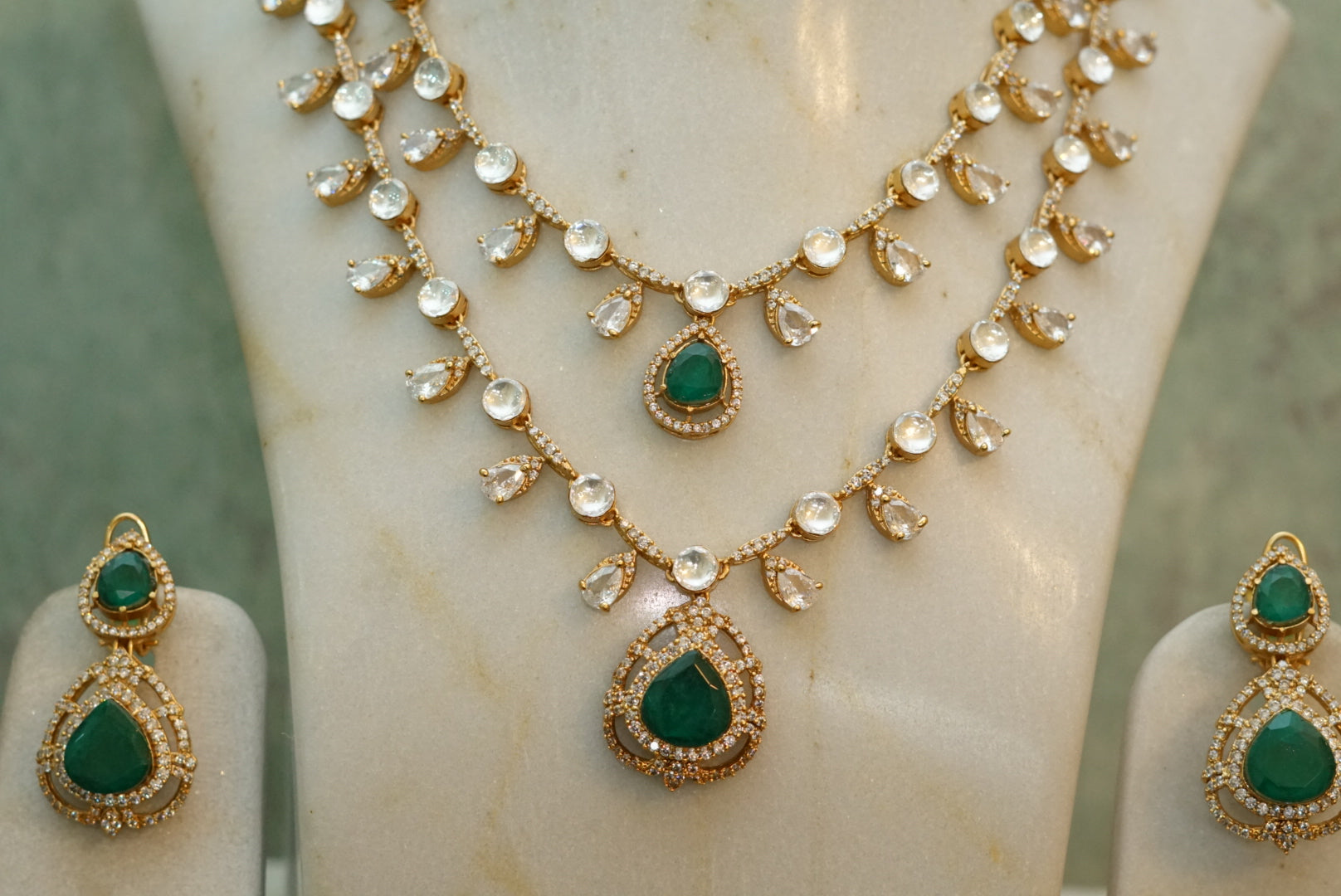 2 line Green Stone Polki Necklace Set (4-7036)(B) - JEWELSTYLE