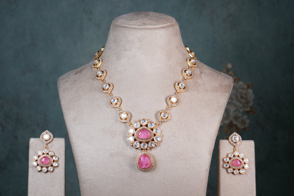 Pink Polki Necklace Set (4-8407) (EX)