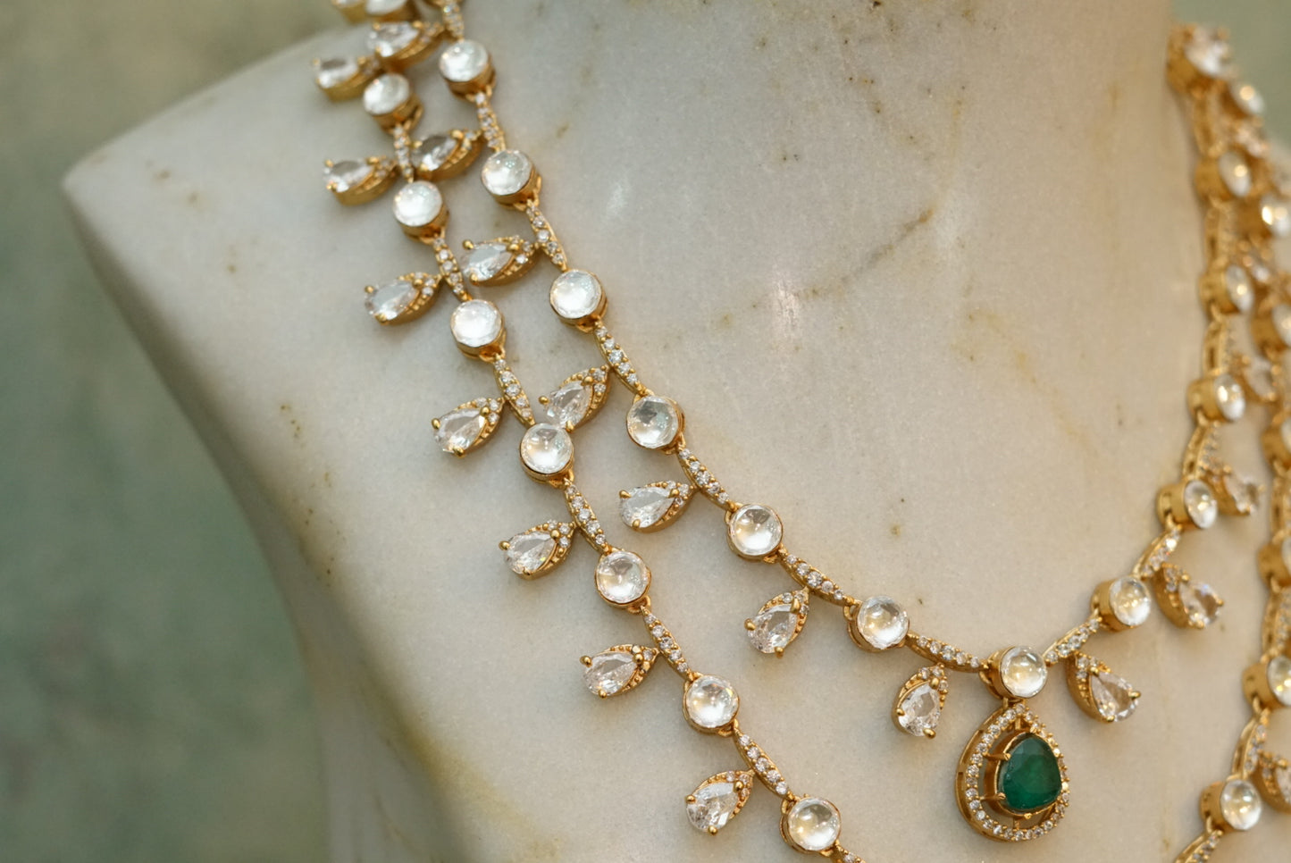 2 line Green Stone Polki Necklace Set (4-7036)(B) - JEWELSTYLE