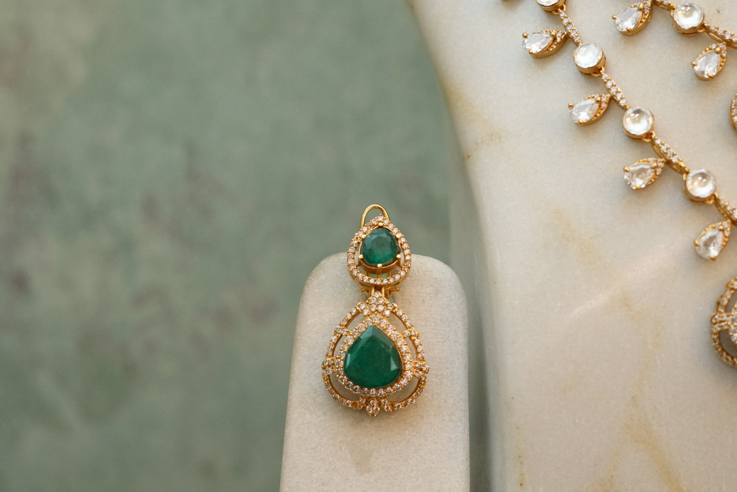 2 line Green Stone Polki Necklace Set (4-7036)(B) - JEWELSTYLE