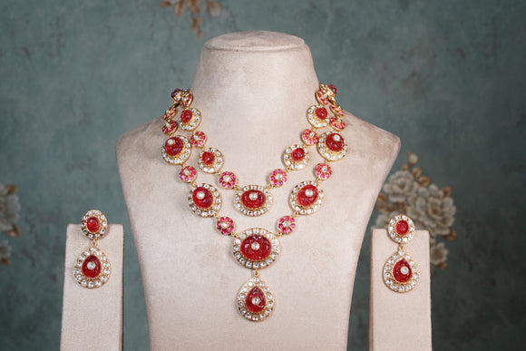 Red stone polki Necklace Set (4-8406) (EX)