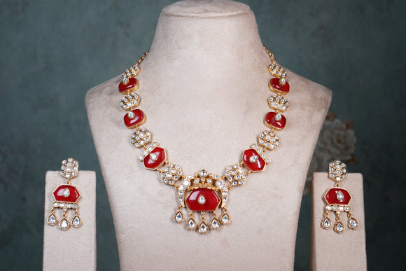 Red stone polki Necklace Set (4-8405) (EX)