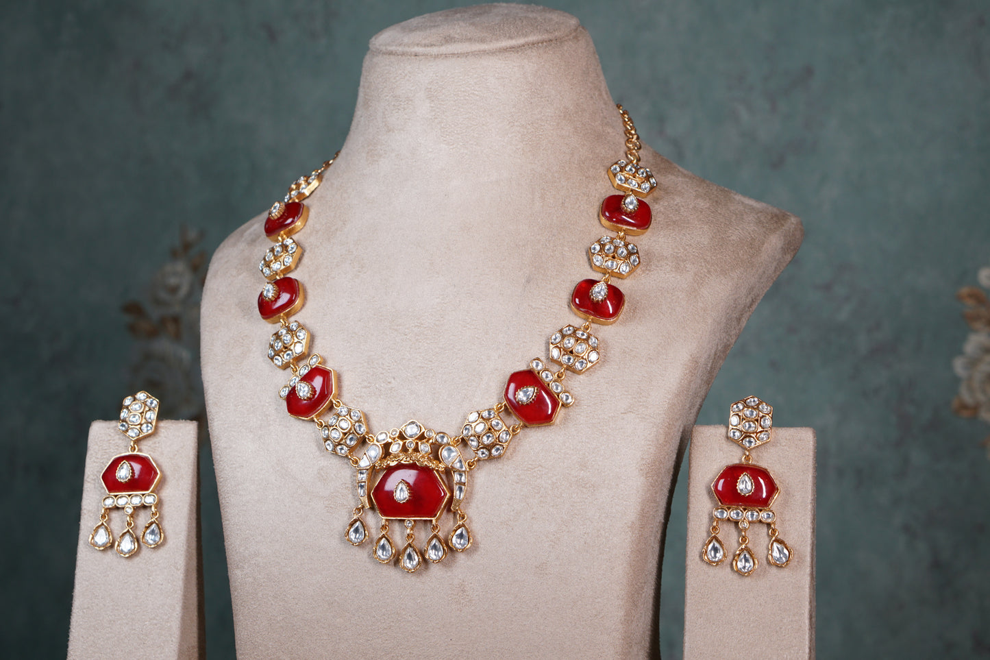 Red stone polki Necklace Set (4-8405)(EX) (offer piece)