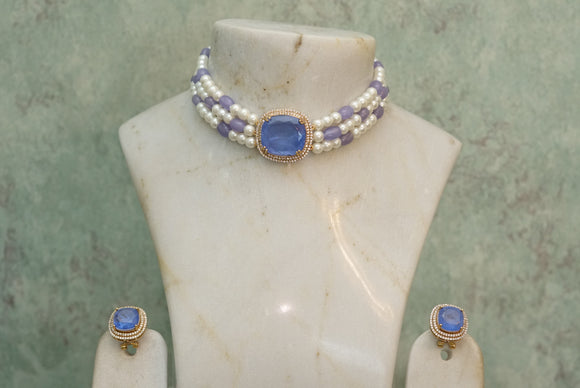 Blue stone Pearl choker set(4-7168) (B)