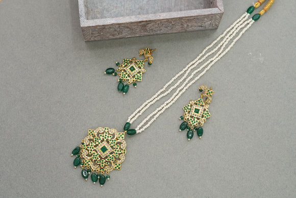 Antique jadau pendant necklace set (4-6348)(EX)