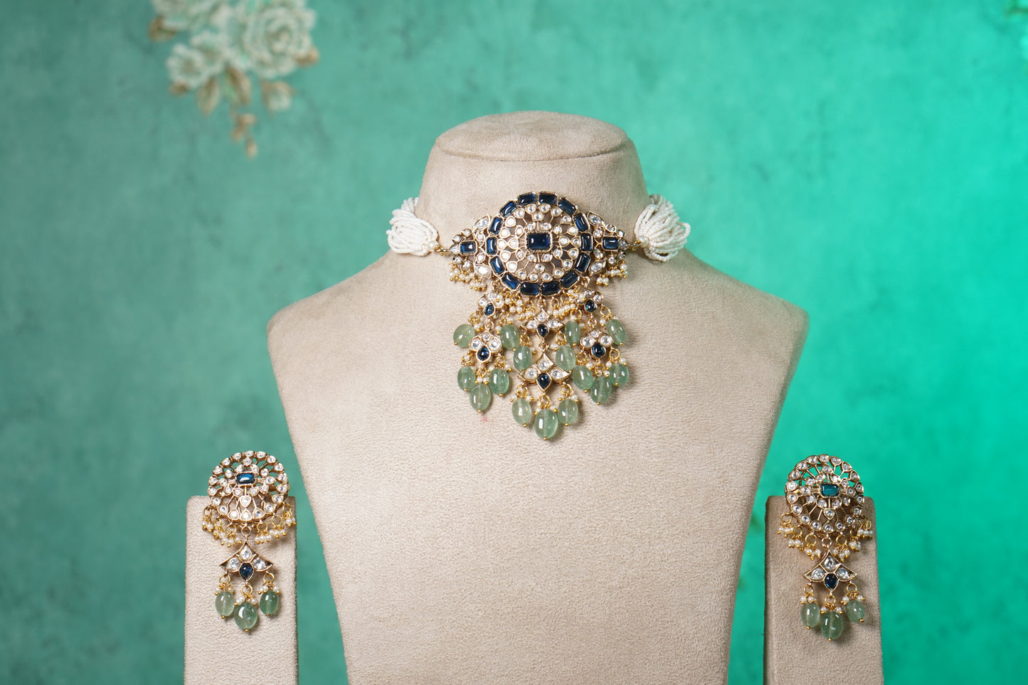 Blue stone polki choker set (4-9565)(B)