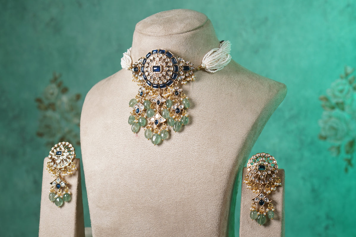 Blue stone polki choker set (4-9565)(B)