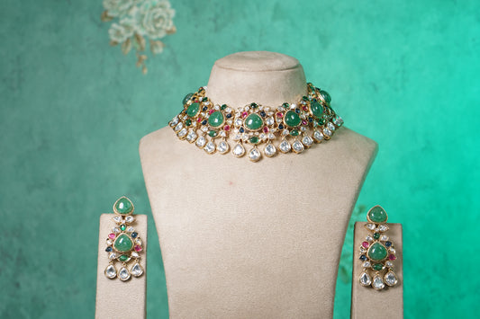 Multistone stone polki necklace set (4-9567)(B)