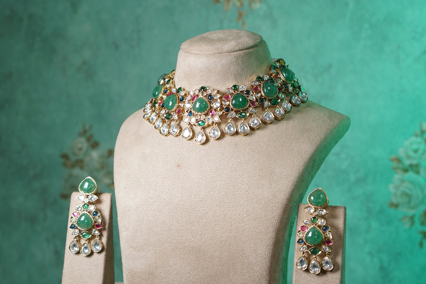 Multistone stone polki necklace set (4-9567)(B)