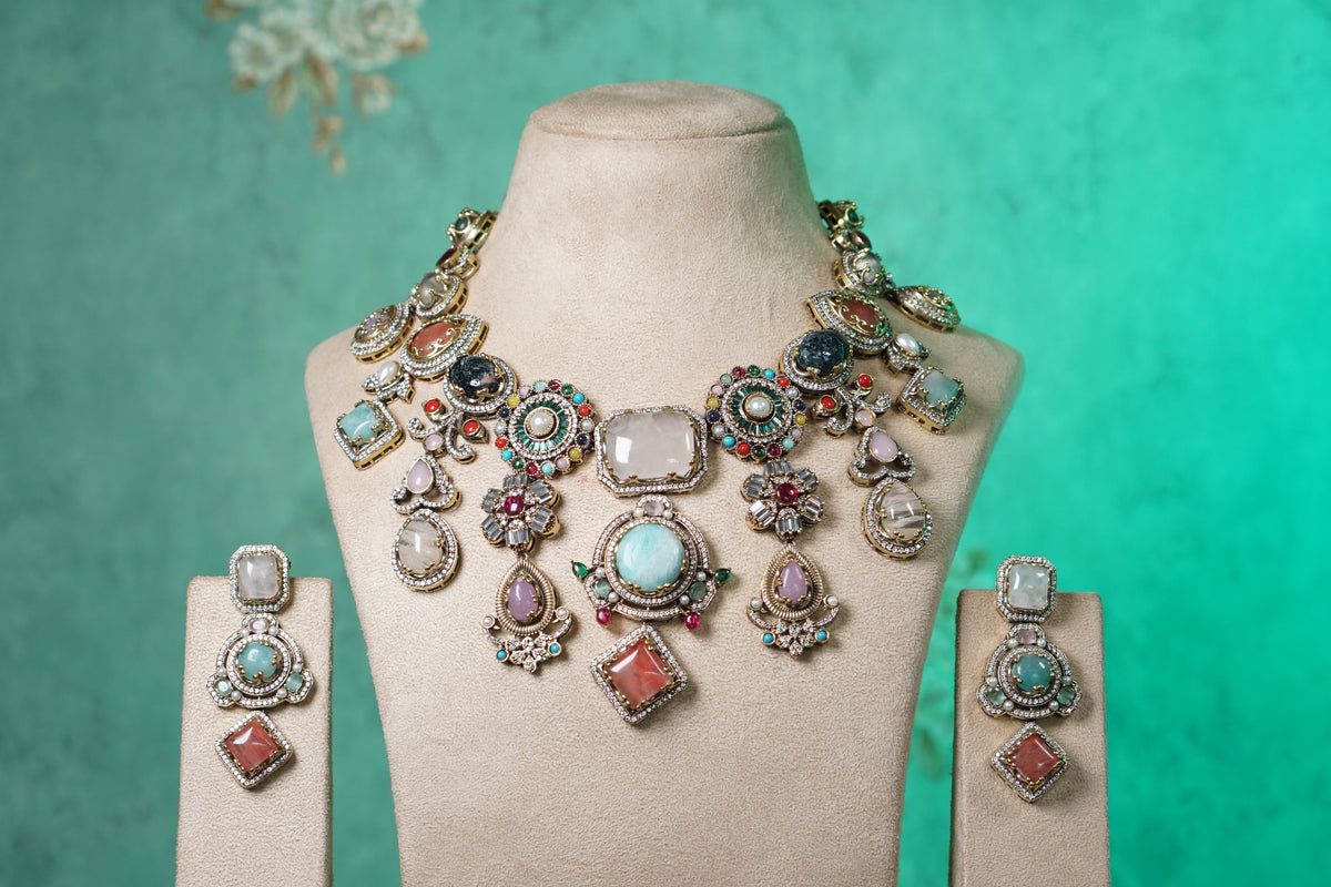 Multistone stone polki necklace set (4-9568)(B)