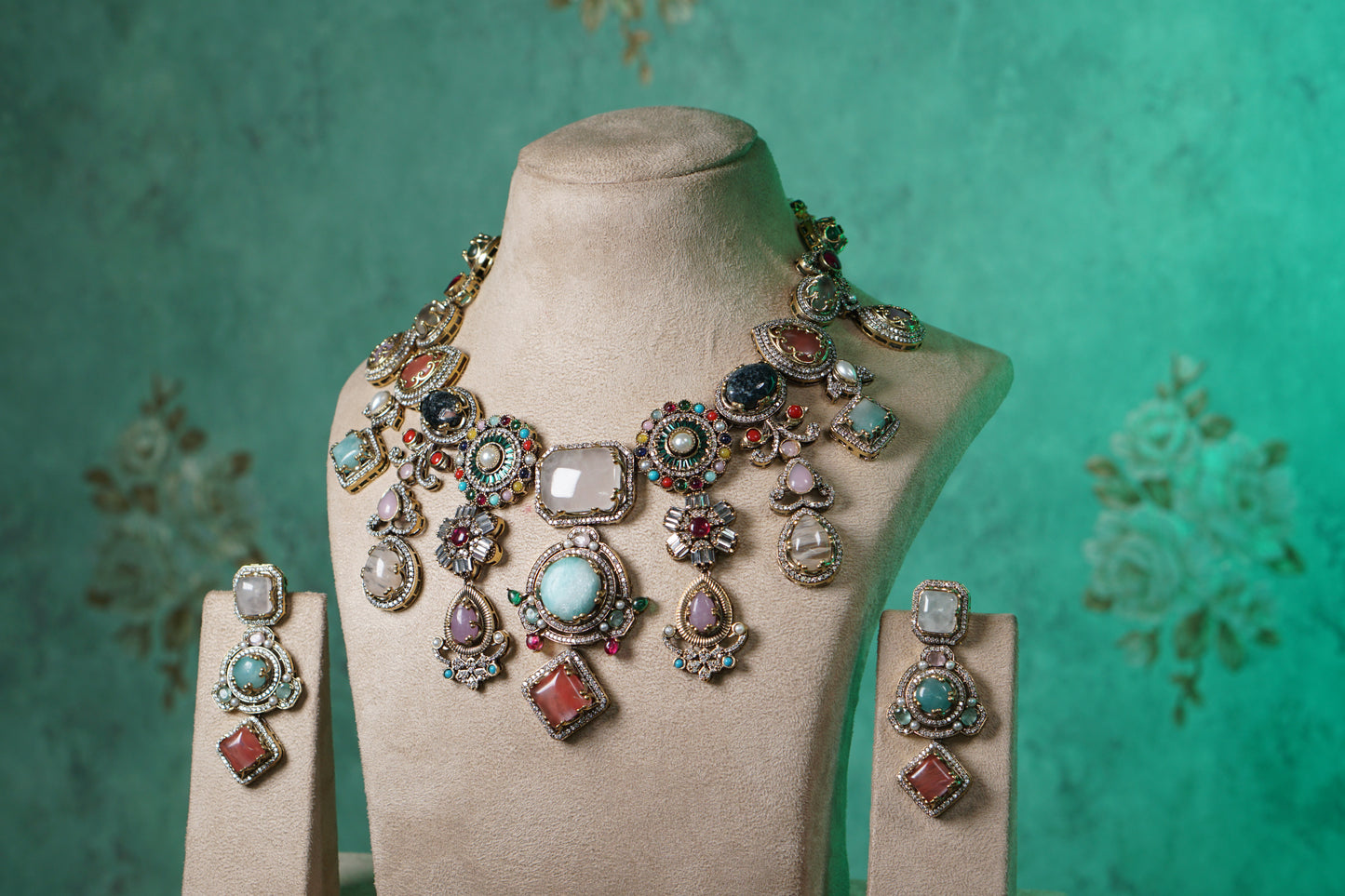 Multistone stone polki necklace set (4-9568)(B)