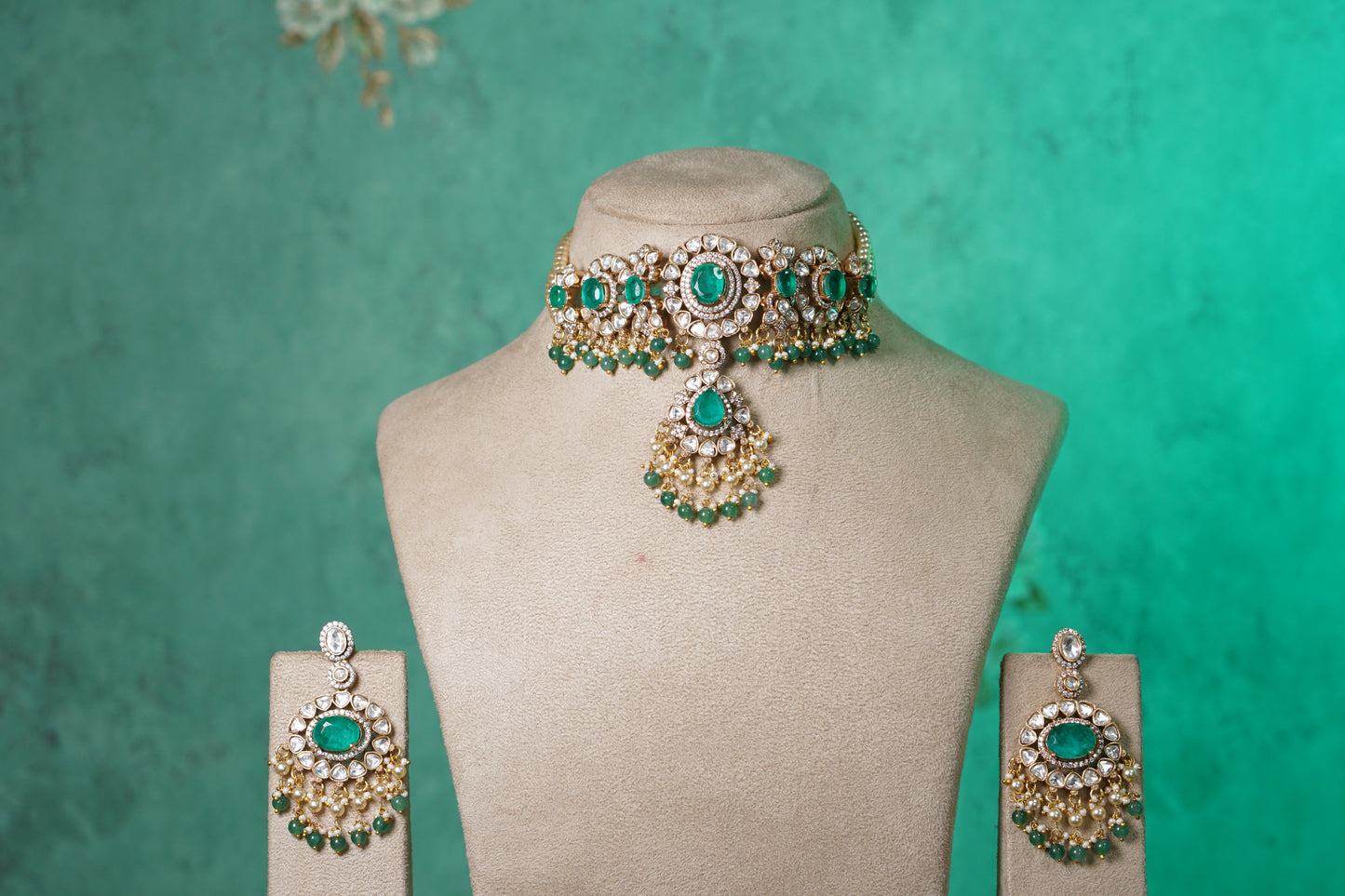 Green doublet stone polki choker set (4-9564)(B)
