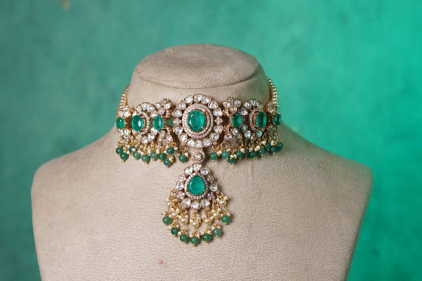 Green doublet stone polki choker set (4-9564)(B)