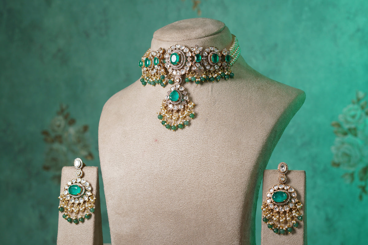 Green doublet stone polki choker set (4-9564)(B)