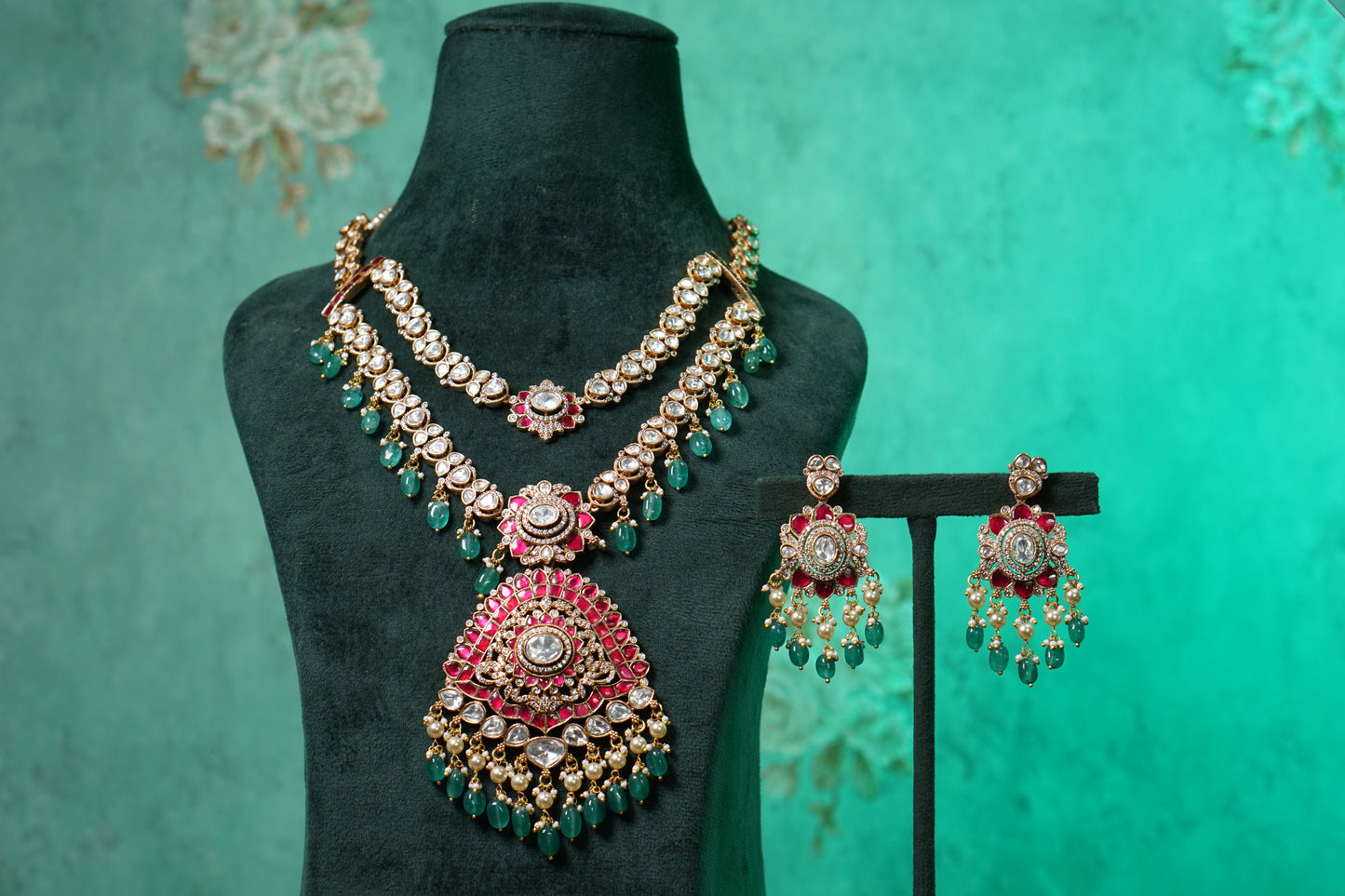 Pink kundan polki long necklace set(4-9570)(B)