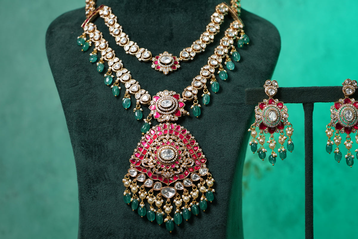 Pink kundan polki long necklace set(4-9570)(B)