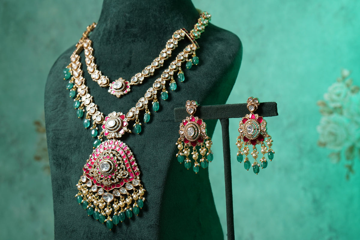 Pink kundan polki long necklace set(4-9570)(B)