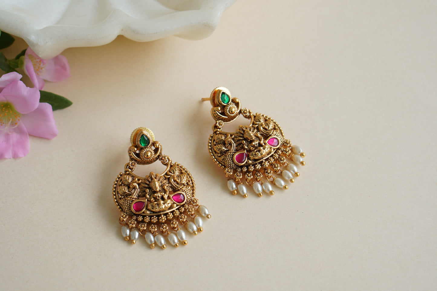 Antique Pink & Green Kundan earring (1-4590)(EX)