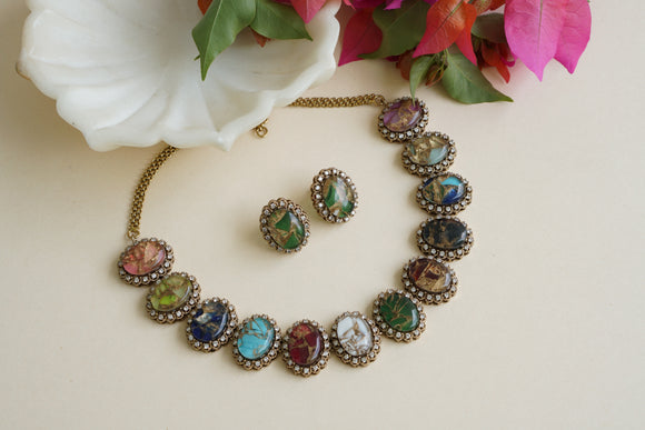 Multi Stone Polki Necklace Set  (4-8435)(EX)