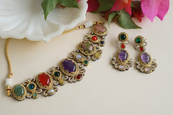 Multi Stone Polki Necklace Set  (4-8436)(EX)