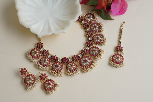 Antique Kundan Necklace Set with maangtika (4-8439)(Ex)