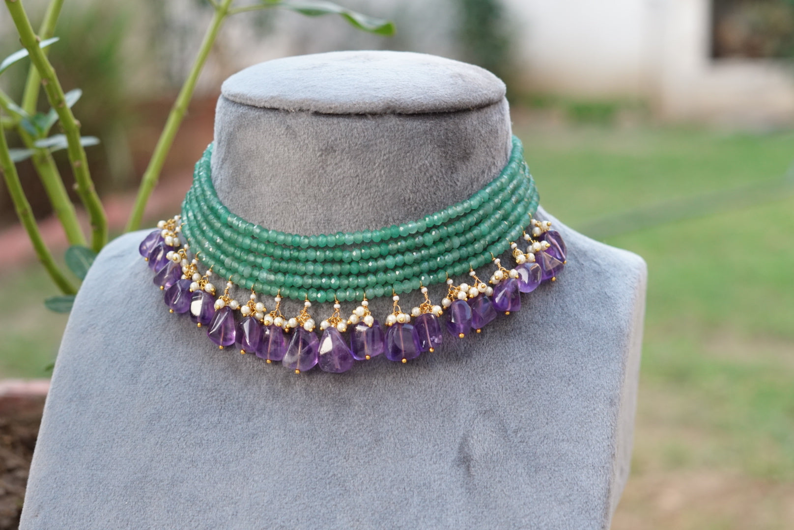 Amythest & mint Beads choker (4-6798)(N)( already discounted) - JEWELSTYLE