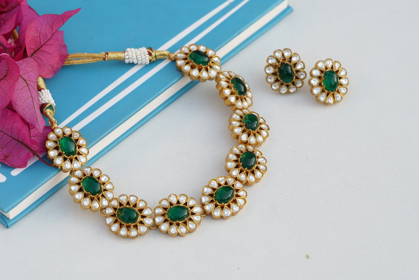 Green stone Kundan necklace set (4-6799)(R)(PREORDER)