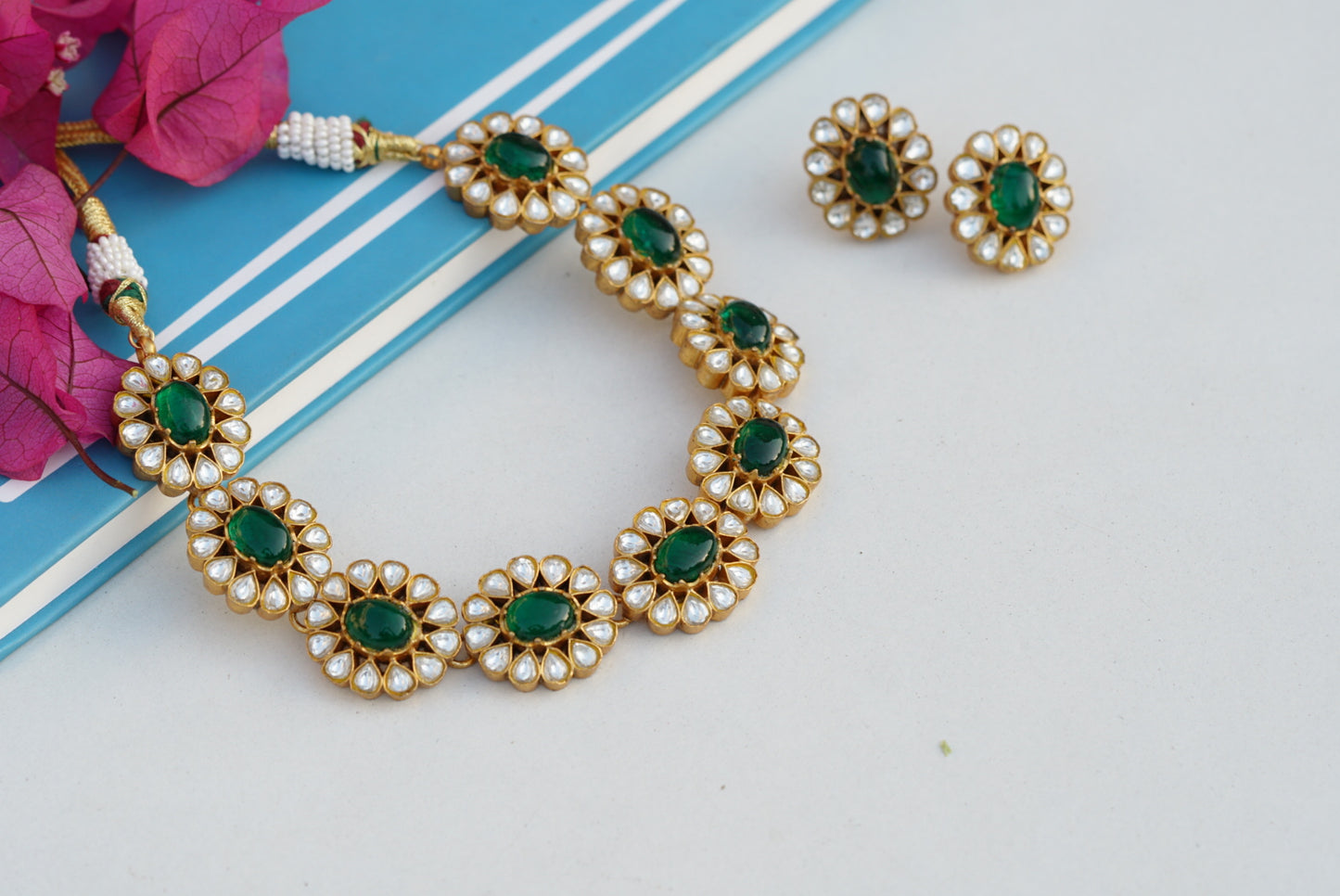 Green stone Kundan necklace set (4-6799)(R)(PREORDER)