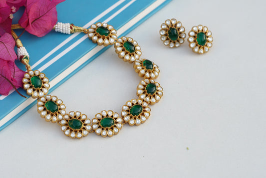 Green stone Kundan necklace set (4-6799)(R)(PREORDER)