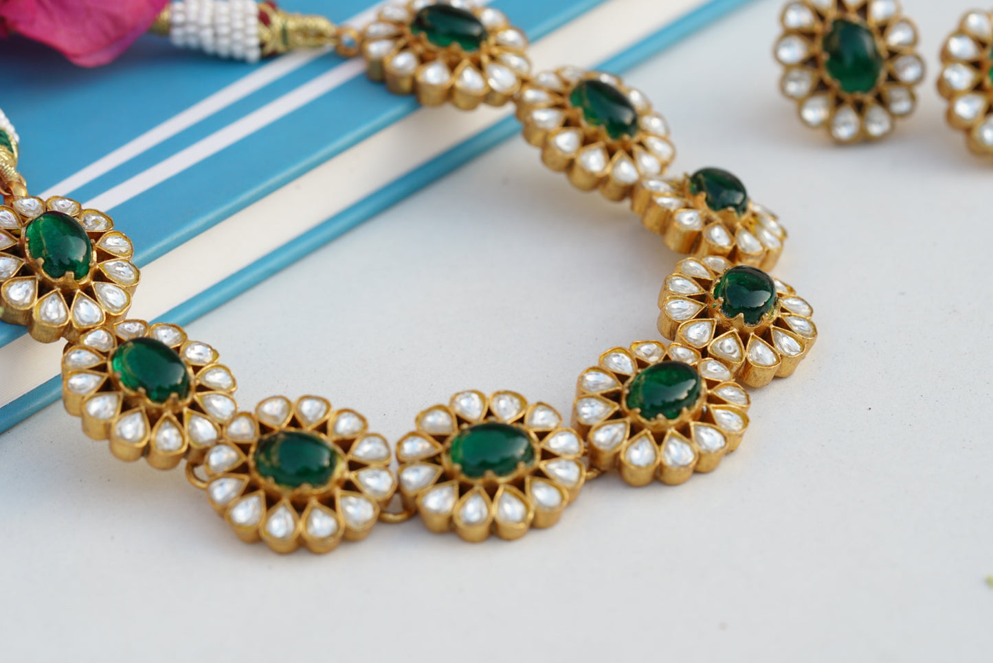 Green stone Kundan necklace set (4-6799)(R)(PREORDER)