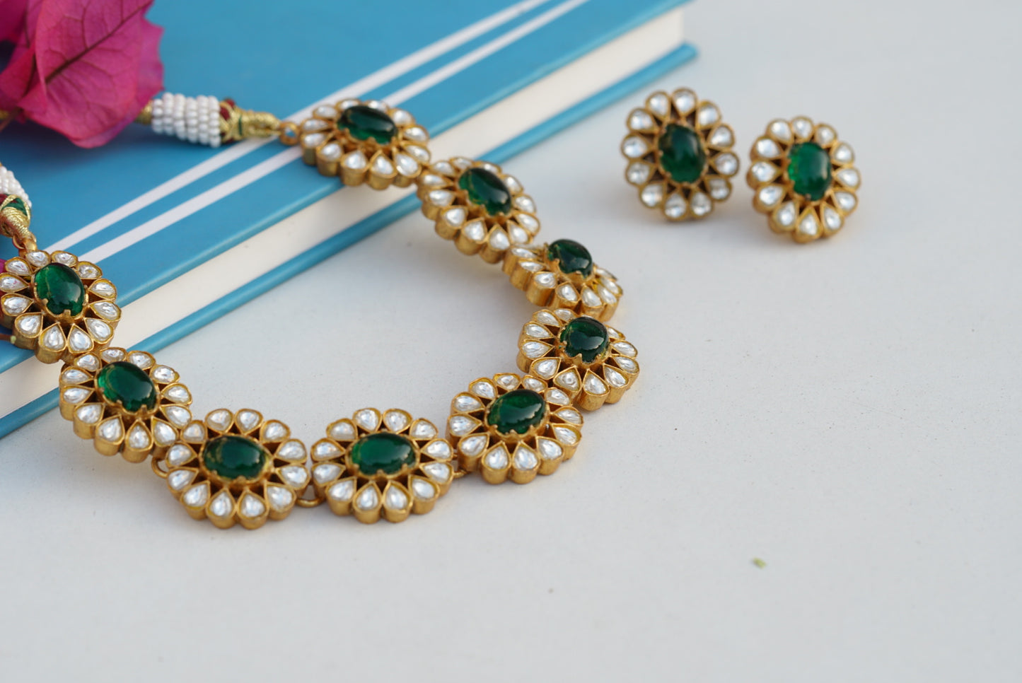 Green stone Kundan necklace set (4-6799)(R)(PREORDER)