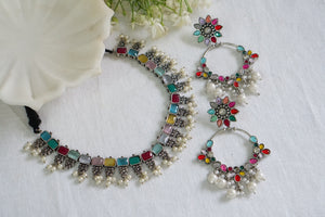 Multi Stone Oxidised Necklace Set (4-7426)