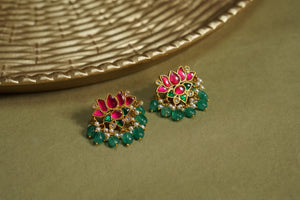 Pink & Green Stone Kundan  Earrings (1-4604)(R)(OFFER PIECE)